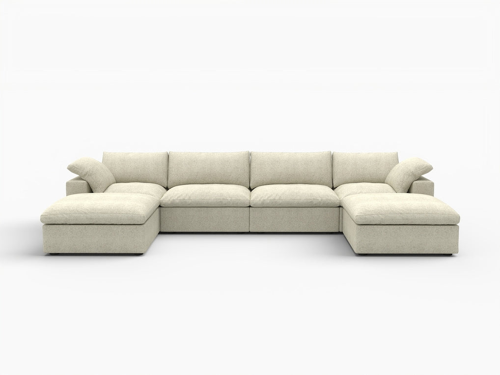 160" Linen Blend Modular Sofa with Ottomans Toss Pillows and Storage