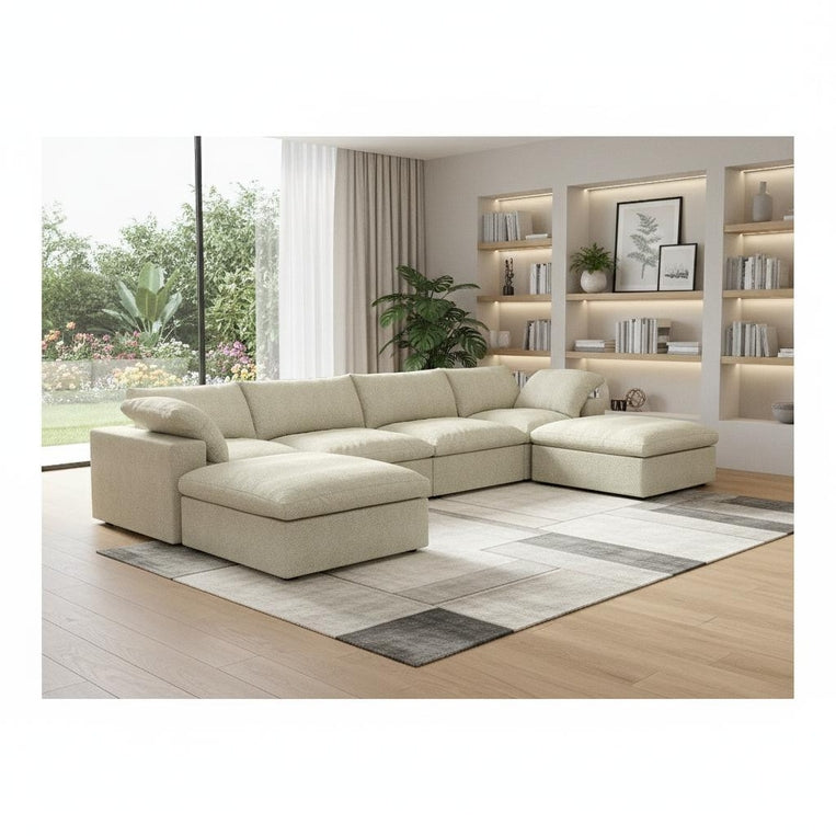 160" Linen Blend Modular Sofa with Ottomans Toss Pillows and Storage
