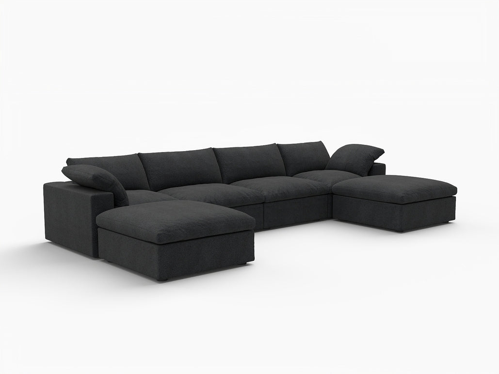 160" Linen Blend Modular Sofa with Ottomans Toss Pillows and Storage