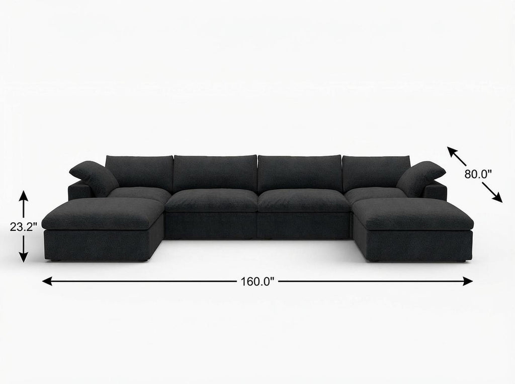 160" Linen Blend Modular Sofa with Ottomans Toss Pillows and Storage