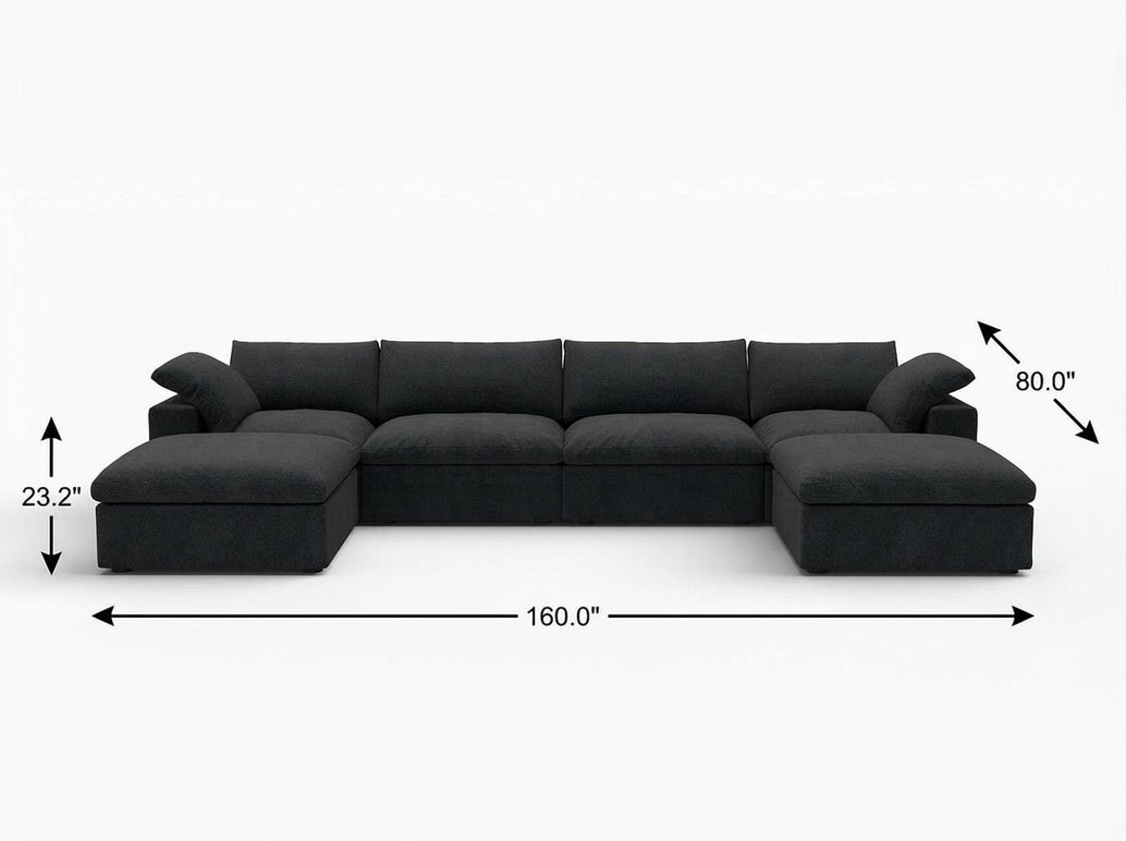 160" Linen Blend Modular Sofa with Ottomans Toss Pillows and Storage
