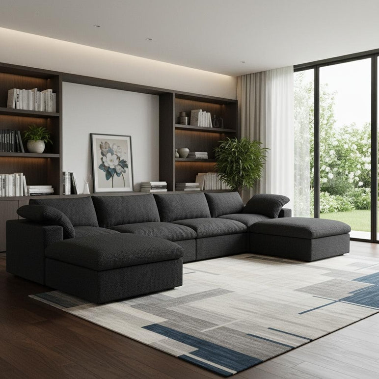 160" Linen Blend Modular Sofa with Ottomans Toss Pillows and Storage