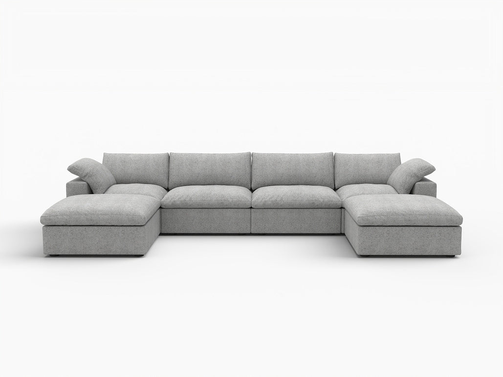 160" Linen Blend Modular Sofa with Ottomans Toss Pillows and Storage