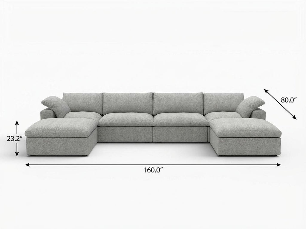 160" Linen Blend Modular Sofa with Ottomans Toss Pillows and Storage