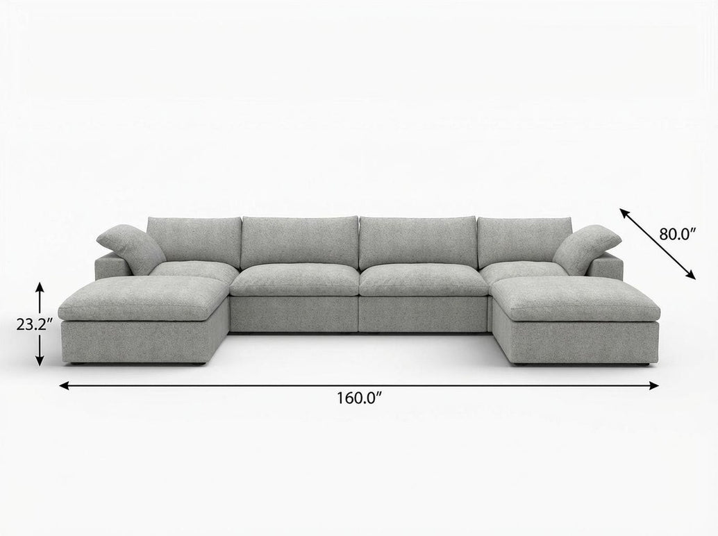 160" Linen Blend Modular Sofa with Ottomans Toss Pillows and Storage