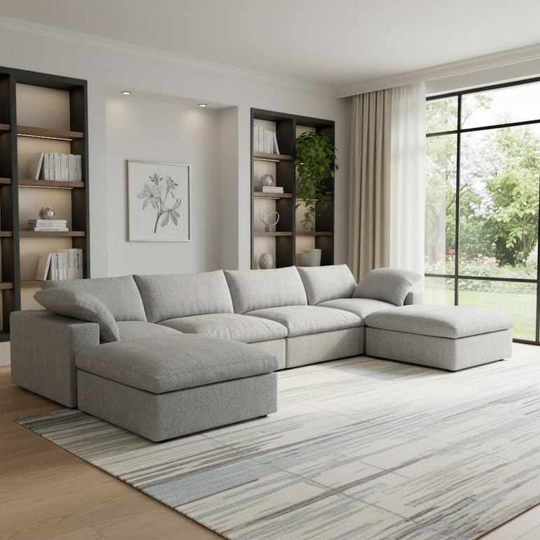 160" Linen Blend Modular Sofa with Ottomans Toss Pillows and Storage